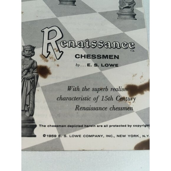 1959 RENAISSANCE CHESSMEN Chess Set 833 Board Booklet & Box BY E.S. LOWE Vintage - Picture 10 of 15